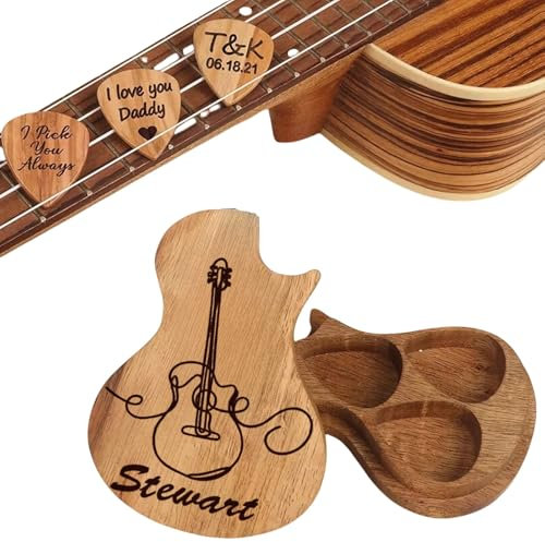 Personalisierter Plektrum-Boxhalter Mit 3 Stück Hölzernen Gitarrenplektren, Individueller Plektrum-Etui Aus Holz Mit Gravur For Sammler, Musiker, Gitarrenplektrum For Vatertag(F)