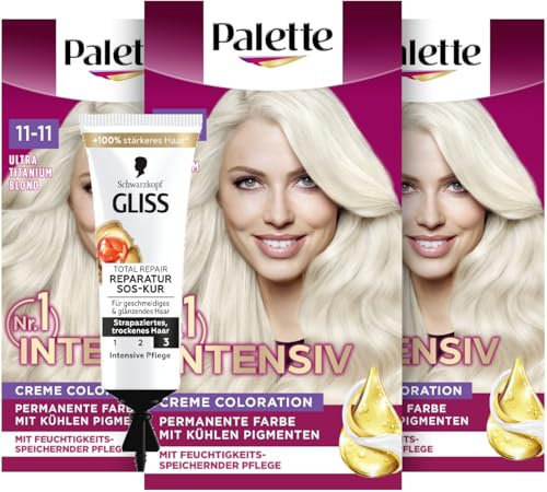 Palette Intensiv Creme Coloration 11-11 Ultra Titanium Blond (3x 115 ml), permanente Haarfarbe für leuchtende, langanhaltende Farbbrillanz & SOS-Intensiv-Kur Total Repair (15 ml), Haarkur