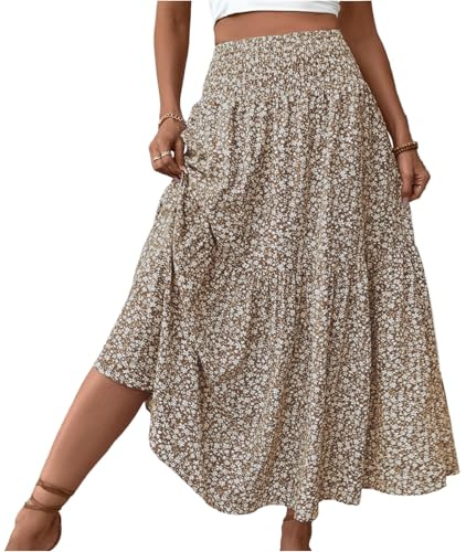 Sommerrock Damen Leicht Und Luftig Rock Elegant Sommer Boho Schichtung Kordelzug Midi Mit Taschen Gummizug
