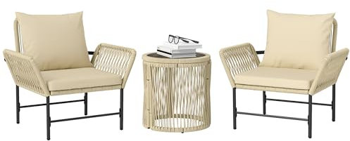 Outsunny Polyrattan Gartenmöbel Set, Outdoor Lounge Balkonmöbel für 2 Personen, 3-teilig Sitzgruppe mit 2 Stühle, Beistelltisch Sitzkissen, wetterfest Gartenlounge für Garten, Balkon, Khaki+Beige
