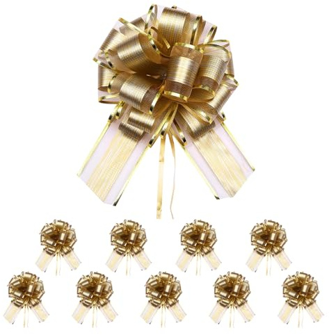 Lotnery 10 Pack Gold Bows for Gift Wrapping | Large Gold Organza Pull Bows for Gift Wrapping - 6 Florist Ribbon Bows for Wedding Cars, Baskets, Party Decorations Gift Bows