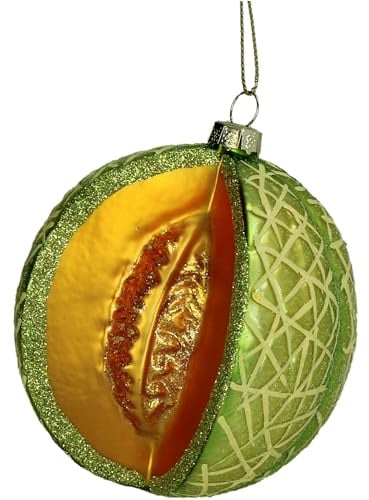 HD Collection Christbaumschmuck Glas 10cm - Melone Figur zum Aufhängen - handbemalt & mit Glitzer - Weihnachtsbaum Anhänger für Weihnachten - Christbaumanhänger & Weihnachtsbaumschmuck - Grün Gold