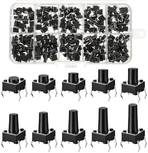 200 Stücke 10 Werte Micro Momentary Taktilen Druckschalter Kit, 6 x 6 mm 4-Poliger Tastschalter Momentaner Taktiler Druckschalter für Leiterplatten Vielseitiges Sortiment für Elektronik Auto Projekte