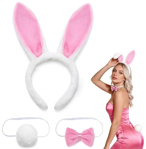 Lysjoy Hasenohren Haarreif Set, Hasenohren mit Fliege und Schwänze, Osterhasen Kostüm Erwachsene, Hasen Ohren Bunny Ears Kostüm Damen, Osterhasenkostüm für Karneval, Halloween, Ostern, Cosplay