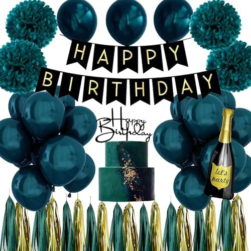 Geburtstagsdeko, Deko Geburtstag Mann Frauen, Luftballons Grün Blau Gold | GeburtstagDekoration, Party Deko Geburtstag Ballons Set mit Happy Birthday Banner Pompons Champagne Folienballon
