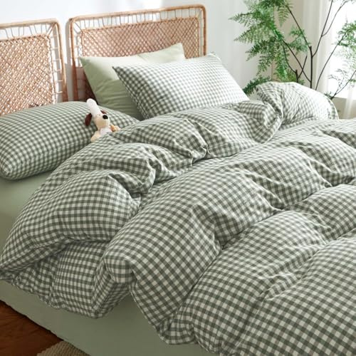 Bettwäsche 135x200 Baumwolle Grün Kariert Bettbezug + Kissenbezug 80x80 | Baumwollbettwäsche Set, Modern Karo Muster, Landhausstil, Geometrisch, Karomuster, ÖKO-TEX, Bettbezug mit Reißverschluss
