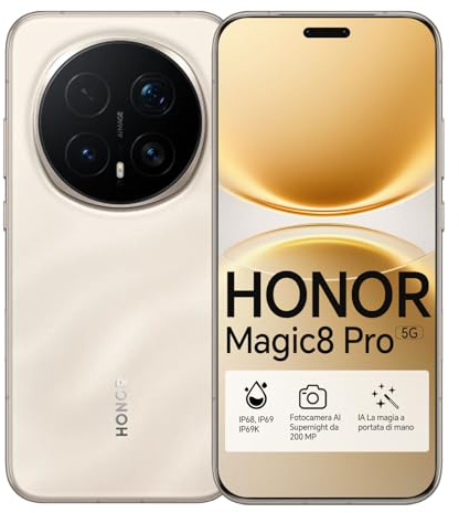 HONOR Magic8 Pro 5G Smartphone, Snapdragon 8 Elite Gen 5, Batteria 6270mAh, Schermo 6,71, Fotocamera Teleobiettivo Ultra Notte 200MP, 120Hz, IP68/IP69/IP69K (Oro, 512, GB, 12, GB)