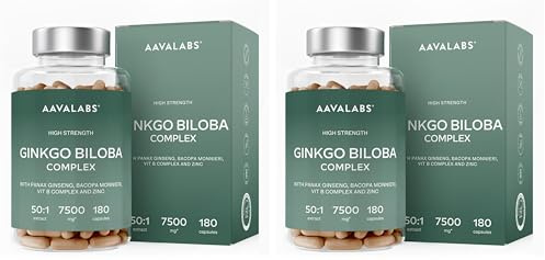 Ginkgo Biloba High Strength - 7500mg - 50:1 Extract - with Bacopa Monnieri, Ginseng, Vitamin B6, B1, B2, & Zinc -180 Nootropic Ginkgo Biloba Capsules - Packed with Flavonoids (Pack of 2)