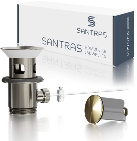 SANTRAS® Exzenter Ablaufgarnitur PREMIUM für Waschtisch mit Schutz vor Überlauf in Aranja/Gold – Komplette Überlaufgarnitur mit Ablauf Stöpsel in 1 ¼ für Armatur mit Zugstangengarnitur