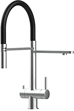 Grifo de cocina 3 vias cepillado ACERO INOXIDABLE quirúrgico AISI 316 para sistemas purificador de agua - doble conducto totalmente independiente el uno del otro - ducha removible 2 chorros - negro
