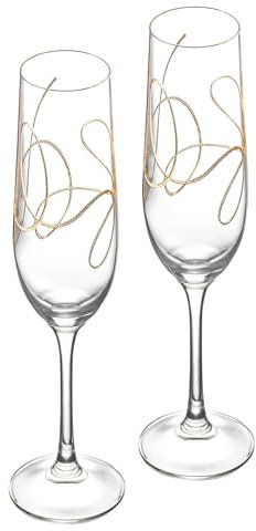 Champagne - Flute - Glasses - Lead Free Crystal - Wedding Toasting Flutes - with Gold String Design - Set of 2 - by Barski - Each Glass is 9 oz. - Gift Boxed - Made in Europe
