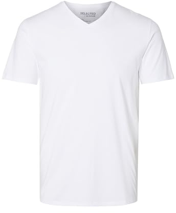 SLHNEWPIMA Men's Selected V-Neck T-Shirt Plain Basic Short Sleeve Shirt Stretch Cotton, White (Bright whitebright White), S