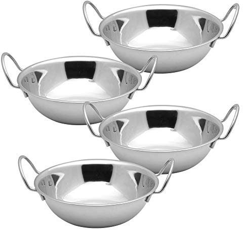 Kosma Set of 4 Stainless Steel Serving Balti Dish - 15cm | Metal Balti Bowl with Handle | Indian Serving Dish