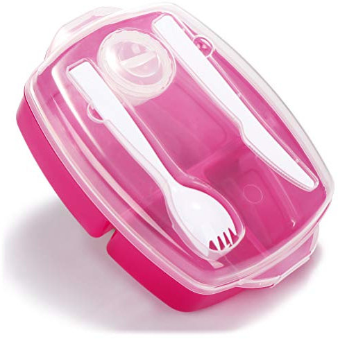 COM-FOUR® Fiambrera de 4 piezas con cubertería y salsa, fiambrera para el trabajo, la escuela, la universidad y los viajes, fiambrera apta para lavavajillas (4 piezas - caja con cubiertos - rosa rojo)