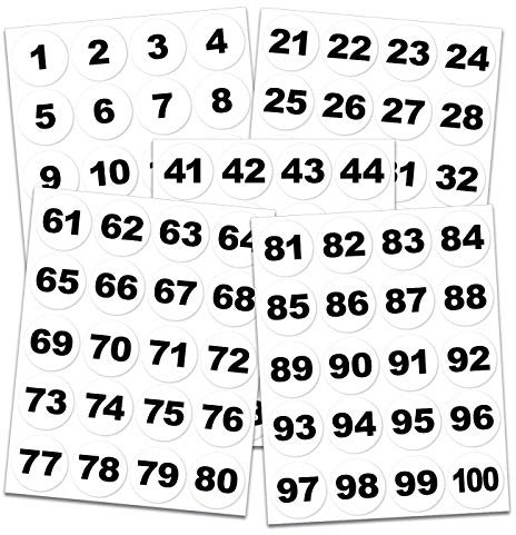 Zahlenaufkleber 1-100, 50 mm rund, vinyl, schwarz/weiß