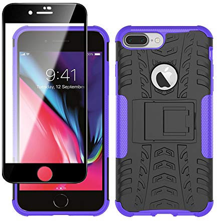 Yiakeng iPhone 8 Plus Case, iPhone 7 Plus Phone Case with Screen Protector, Shockproof Silicone Protective with Kickstand for iPhone 8 Plus (Purple)