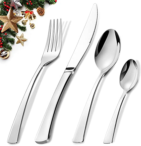 Cutlery Set, BEWOS 16-Piece Stainless Steel Flatware Set, Silverware Tableware Set with Spoon Knife and Fork Set, Service for 4, Easy Clean/Dishwasher Safe, Mirror Polished