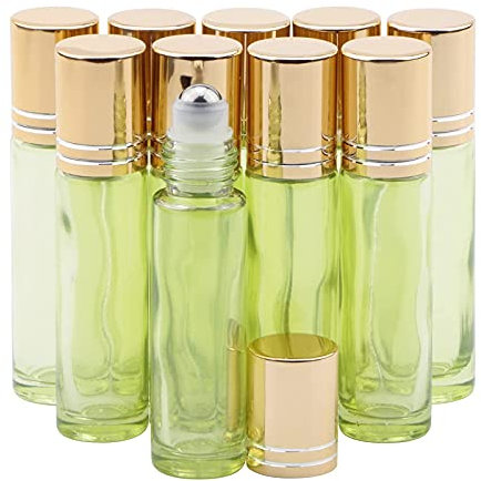 Rowiz 10 x Perlgrüne 10 ml Glas-Roller-Flaschen für ätherische Öle, Parfüm, Duft, Cologne, leere nachfüllbare Hautpflege-Probenfläschchen, Reisebehälter mit goldener Kappe
