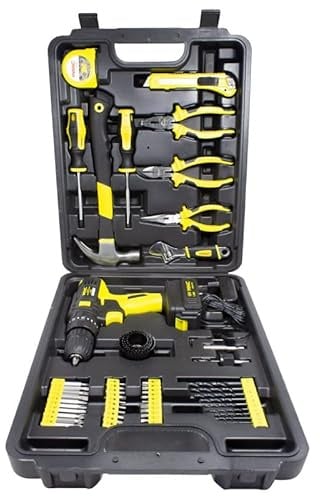 WMC TOOLS Professionelles Werkzeug-Set, 57-teilig, mit elektrischer Bohrmaschine, Zange, Kombizange, verstellbarer Schraubenschlüssel, Nagelhammer