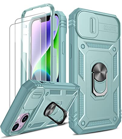 LeYi for iPhone 14 6.1'' Case with Camera Cover Slider, 360° Full Body Armour Military Protective Shockproof Phone Cover | 2 Pack Tempered Glass Screen Protector | Ring Stand Holder | Green