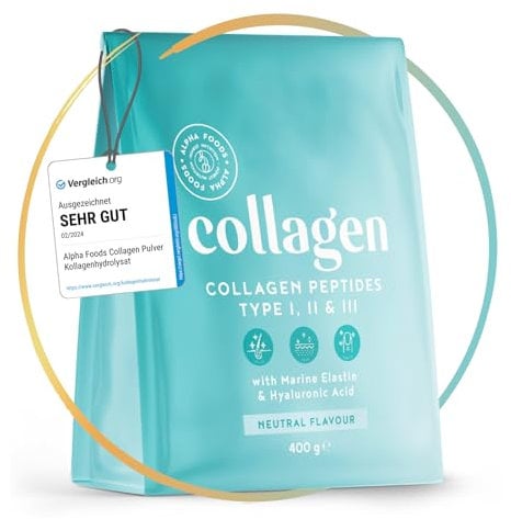 Collagen Pulver [400g] | Premium Kollagen Hydrolysat | Peptide Typ 1, 2 und 3 | Hochdosiert Kollagenpulver mit Hyaluronsäure und Elastin | Geschmacksneutral | in Deutschland hergestellt | Alpha Foods