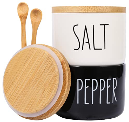 VICUKIE Farmhouse Salt And Pepper Bowls,Stacked Ceramic Salt Cellar With Bamboo Lid, Salt Container With Lid And Spoon, Modern Farmhouse Kitchen Decor, Salt Box, Spice Box(BLACK AND WHITE)