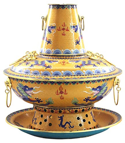 Samnuerly Fondue-Fritteusen Antihaft-Bratpfanne 30 cm Haushalt Altmodischer Kupfer-Hot Pot Westliches Restaurant Holzkohle-Feuerkessel Die Basis Wird fest unterstützt (Color : Yellow, Size : 34cm)