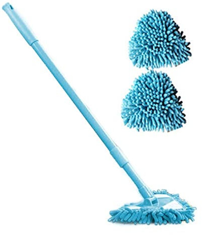 bopely Retractable Cleaning Mop 1 Set Triangle Glass Cleaner Extendable Cleaning Mop with 2pcs Mop Head for Home Floor Window Wall