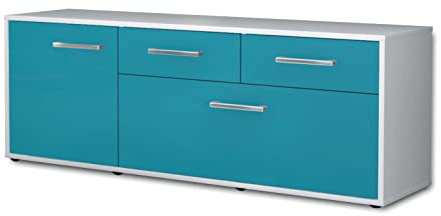 Lqliving TV-Board Lowboard Annabell, Korpus in weiß matt, Front im trendigem Türkis (136x49x35cm), mit Metall Griffen, Made in Germany