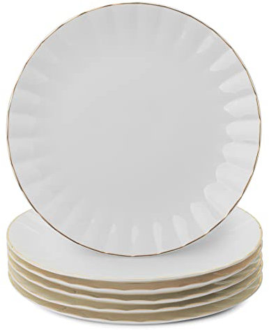 BTaT- Lot de 6 assiettes plates en porcelaine avec bordure dorée, 26,7 cm, blanc