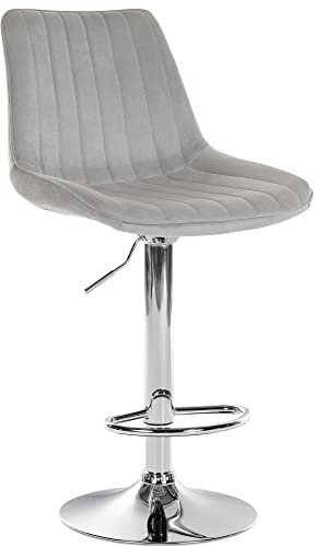 CLP Tabouret De Bar Toni en Velours I Chaise Haute De Bistrot avec Repose-Pieds Hauteur Réglable Pivotant, Couleur:Gris, Couleur du Cadre:Chrome