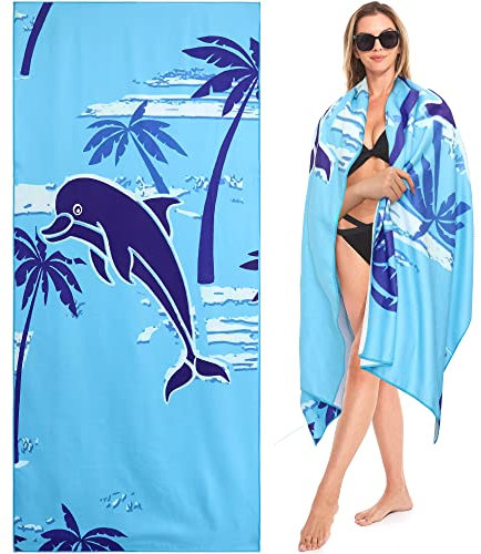 Lakpopya Strandtuch Groß, Mikrofaser Handtuch Badetuch Strandhandtuch 180x75, Sandabweisend Schnelltrocknend Microfaser Badetuch Groß, für Strand/Poolside/Strandstühle (Kokosnuss Delfin)