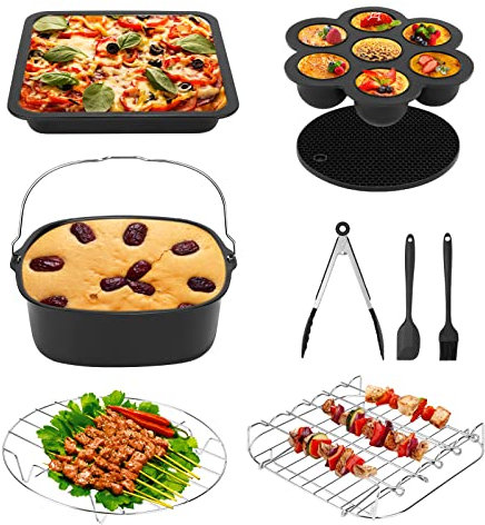 Accessori Friggitrice Ad Aria, 9Pcs Set di Accessori per Friggitrice Ad Aria, Adatto Solo per COSORI da 5,5 l, con Botti da 8 Pollici, Padella per Pizza, Supporto per Spiedini e Tappetino in