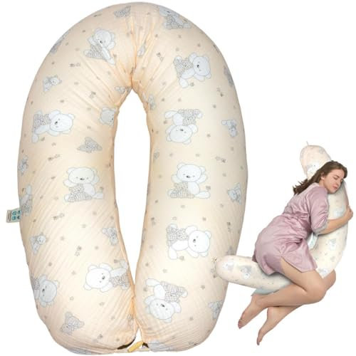 sei Design Stillkissen XXL Musselin Bezug 190x30 Stillkissenbezug 100% Bio-Baumwolle Schwangerschaftskissen Seitenschläferkissen Komfortkissen Erwachsene Baby Kissen EPS-Mikroperlen