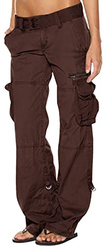 SMIDOW Cargohose für Damen, niedrige Taille, Übergröße, dehnbar, weites Bein, Taschen, Y2K, Streetwear, Kampf, Militärhose, #G01-Kaffee, 4X-Groß