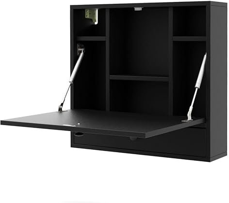 SFAREST Wall Mounted Desk, Folding Floating Drop Leaf Table with Storage Compartments and Drawer, Space Saving Hanging Laptop Desk for Home Office (Black)