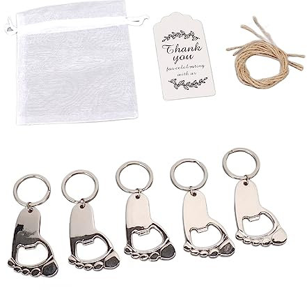 24 Set Portachiavi Impronta di Bambino Souvenir Apribottiglie Bomboniere per Baby Shower e Decorazioni con Sacchetti di Organza Etichette di Ringraziamento Corda per Ospiti