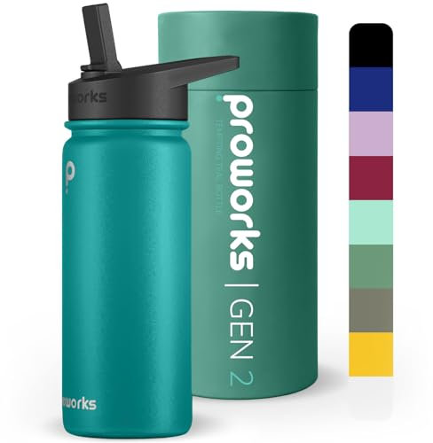 Proworks Gen 2 Insulated Water Bottles with Straw Lid | 540ml Stainless Steel Water Bottle, 24 Hours Cold & 12 Hours Hot Drinks, Leakproof Flask for Work, Gym, Travel - Tempting Teal