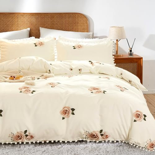 Wotcsil White Pompoms Duvet Cover Double Pom Poms Bedding Sets Botanical Floral Duvet Cover Reversible Design Soft Microfiber with 2 Pillowcases, Rose