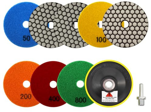 VENJELD Almohadillas Pulido Diamante Seco - 8 Piezas 100mm Discos Pulido Grano 50x3/100x2/200/400/800 con M14 Plato Apoyo+Adaptador para Granito Mármol Piedra Artificial Cuarzo para Amoladora Angular