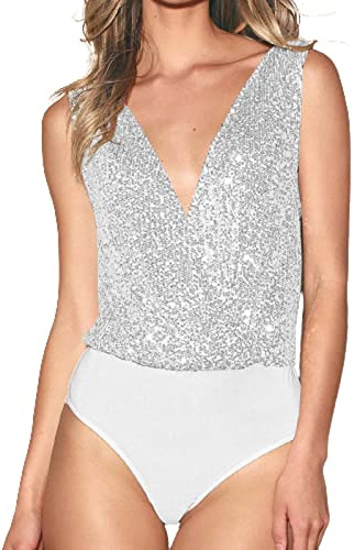 Damen Elegant Sexy Ärmellos V-Ausschnitt Glitzer Pailletten Body, Damen Pailletten Body V-Ausschnitt Rückenfrei Bodysuit Elegant Ärmellos Top Glitzer Rave Outfit Sommer Oberteil Party (Silver, S)