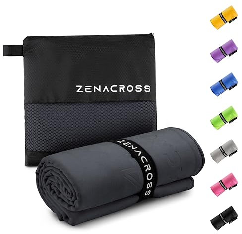ZENACROSS Mikrofaser Handtuch mit Transportbeutel - Schnelltrocknendes und vielseitiges Fitness Handtuch - Sporthandtuch Größen XL - Dunkelgrau - 90x180cm