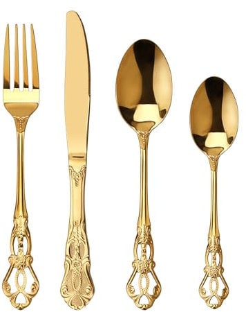 SHEUMNT Retro Gold Silverware Set for 6, Gorgeous 24 Pieces Stainless Steel Golded Flatware Set, Service for 6, Utensil Set Fork Spoon Knife, Antique Baroque Cutlery Set