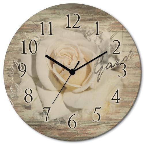ARTLAND Wanddeko Wanduhr ohne Tickgeräusche aus Holz Funkuhr lautlos rund Ø 30 cm In Buchstaben - Rose T5GJ Blumen Pflanzen