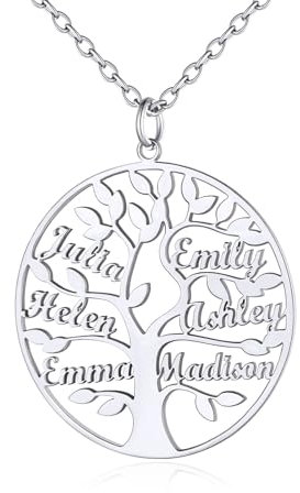 Custom4U Collier Pendentif pour Femme Arbre de Vie Personnalisé 5 Prénoms Ras du Cou Prénom Gravé Arbre Généalogique