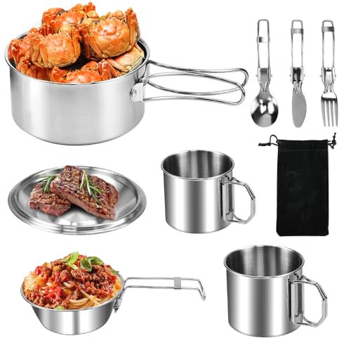 EMAGEREN Set di Pentole da Campeggio 1-2 Persone Set Pentole Trekking in 304 Acciaio Inossidabile 304 Set di Pentole da Esterno da Picnic Pieghevole e Impilabile