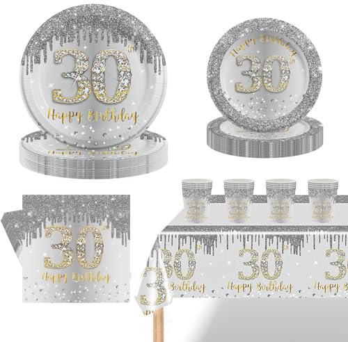 69Pcs Silver 30th Birthday Party Tableware 16 Guests,30th SilverParty Tableware Set,Silver and Gold Paper Plates,Napkins,White and Gold Table Cloth,Cups for Men Women Birthday Gifts Party Supplies
