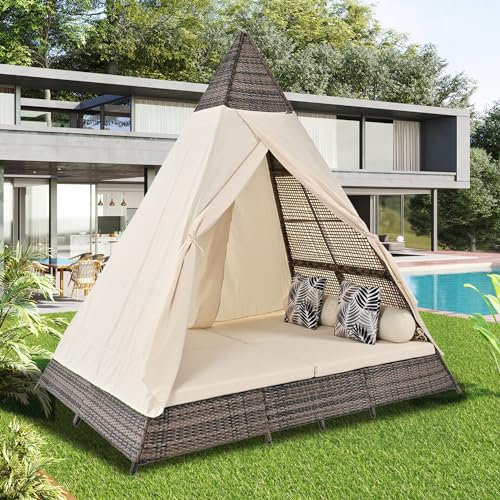 Merax Gartenlounge-Set Rattanzelt 2–4 Personen, Outdoor Gartenzelt aus Atmungsaktives Rattan, Terrassenmöbel mit abnehmbar & waschbar Kissen, für Balkon Schwimmbad, Gartenmöbel Set, Pavillon, Beige