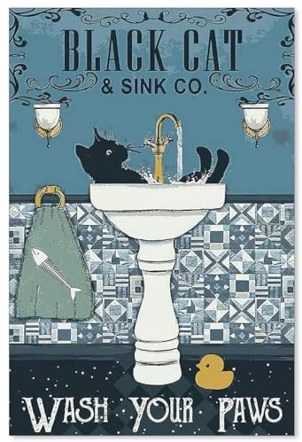 Katzen-Wandkunst, lustiges schwarzes Katzen-Poster, Wash Your Paws, Vintage-WC-Schilder, Leinwanddrucke, niedliches Tier-Kunstwerk für Küche, WC, Wanddekoration, 40,6 x 61 cm, ungerahmt