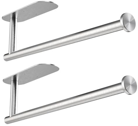 2Pack Paper Towel Holder Under Cabinet, Self-Adhesive or Drilling Kitchen Roll Holder Wall Mounted, Stainless Steel Paper Roll Holder Towel Rack for Kitchen